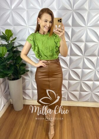 Saia Sarja Resinada Com Cinto E Botões Encapados Meireles - Marrom - Milla Chic