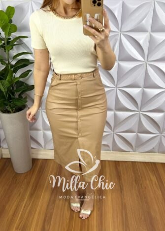 Saia Sarja Resinada Com Cinto E Botões Encapados Meireles - Nude - Milla Chic