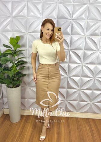Saia Sarja Resinada Com Cinto E Botões Encapados Meireles - Nude - Milla Chic