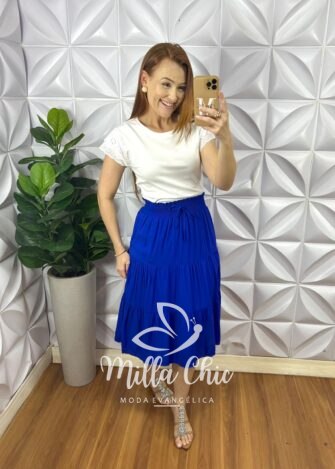 Saia Viscolinho Com Lastex Na Cintura Amara - Azul - Milla Chic