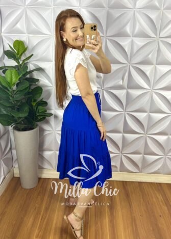 Saia Viscolinho Com Lastex Na Cintura Amara - Azul - Milla Chic