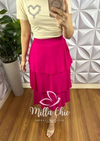 Saia Viscolinho Mídi Babados De Camadas Fabiane - Pink - Milla Chic