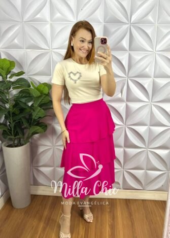 Saia Viscolinho Mídi Babados De Camadas Fabiane - Pink - Milla Chic