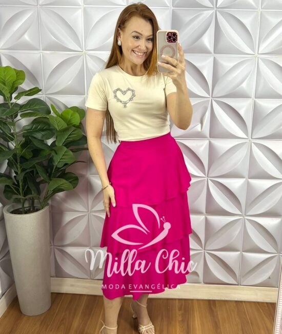 Saia Viscolinho Mídi Babados De Camadas Fabiane - Pink - Milla Chic