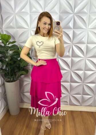 Saia Viscolinho Mídi Babados De Camadas Fabiane - Pink - Milla Chic