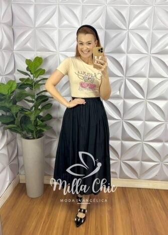Saia Viscose Chatum Lastex Na Cintura Midi Com Marias Recorte Abaloado Penélope - Preta - Milla Chic
