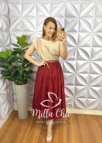 Saia Viscose Chatum Lastex Na Cintura Midi Com Marias Recorte Abaloado Penélope - Terra Cota - Milla Chic
