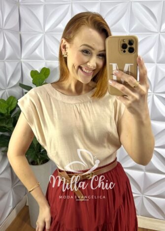 Saia Viscose Chatum Lastex Na Cintura Midi Com Marias Recorte Abaloado Penélope - Terra Cota - Milla Chic