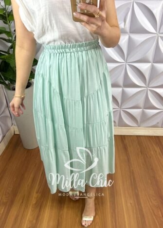 Saia Viscose Chatum Lastex Na Cintura Midi Com Marias Recorte Abaloado Penélope - Verde Agua - Milla Chic