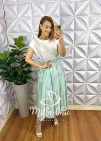 Saia Viscose Chatum Lastex Na Cintura Midi Com Marias Recorte Abaloado Penélope - Verde Agua - Milla Chic