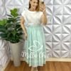 Saia Viscose Chatum Lastex Na Cintura Midi Com Marias Recorte Abaloado Penélope - Verde Agua - Milla Chic