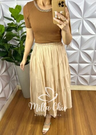 Saia Viscose Chatum Lastex Na Cintura Midi Com Marias Recorte Abaloado Penélope - Areia - Milla Chic