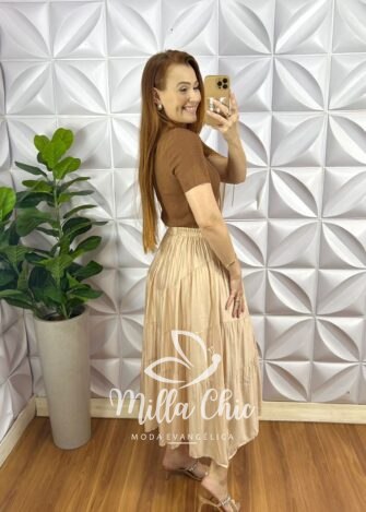 Saia Viscose Chatum Lastex Na Cintura Midi Com Marias Recorte Abaloado Penélope - Areia - Milla Chic