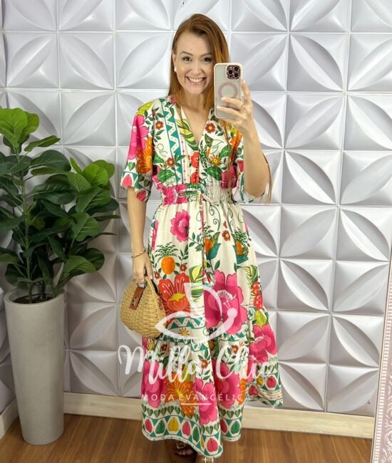 Vestido Alfaiataria Estampado Mídi Com Lastex Faby - Rosa - Milla Chic