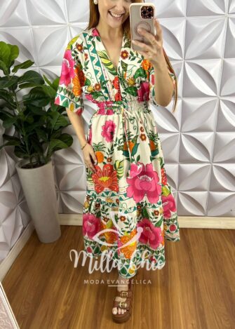 Vestido Alfaiataria Estampado Mídi Com Lastex Faby - Rosa - Milla Chic