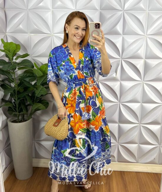 Vestido Alfaiataria Estampado Mídi Com Lastex Faby - Azul - Milla Chic