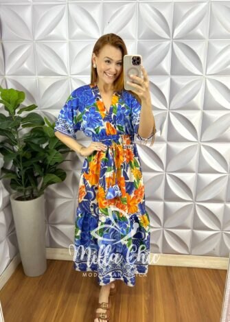 Vestido Alfaiataria Estampado Mídi Com Lastex Faby - Azul - Milla Chic