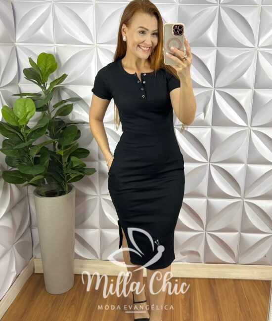 Vestido Canelado Mídi Com Botões Marcia - Preto - Milla Chic