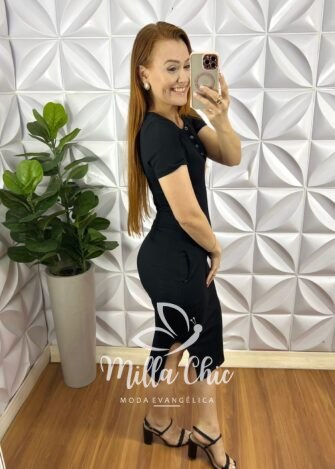 Vestido Canelado Mídi Com Botões Marcia - Preto - Milla Chic