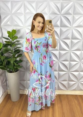 Vestido Chiffon Corpinho De Lastex Manga Princesa Longo Com Babado Na Barra Manu - Azul (Floral) - Milla Chic