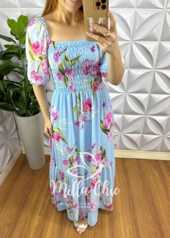 Vestido Chiffon Corpinho De Lastex Manga Princesa Longo Com Babado Na Barra Manu - Azul (Floral) - Milla Chic