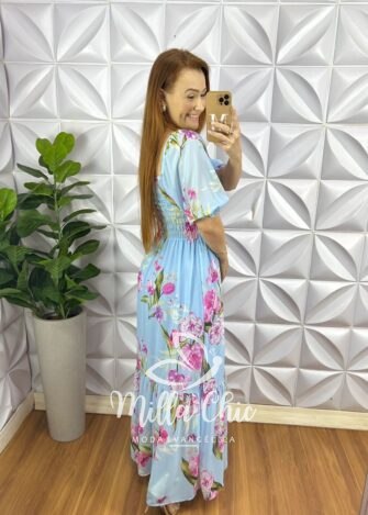 Vestido Chiffon Corpinho De Lastex Manga Princesa Longo Com Babado Na Barra Manu - Azul (Floral) - Milla Chic