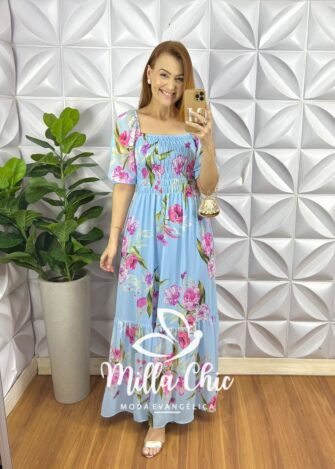 Vestido Chiffon Corpinho De Lastex Manga Princesa Longo Com Babado Na Barra Manu - Azul (Floral) - Milla Chic