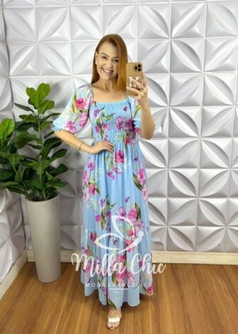 Vestido Chiffon Corpinho De Lastex Manga Princesa Longo Com Babado Na Barra Manu - Azul (Floral) - Milla Chic