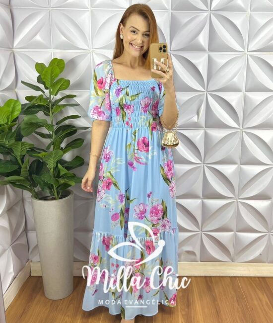 Vestido Chiffon Corpinho De Lastex Manga Princesa Longo Com Babado Na Barra Manu - Azul (Floral) - Milla Chic