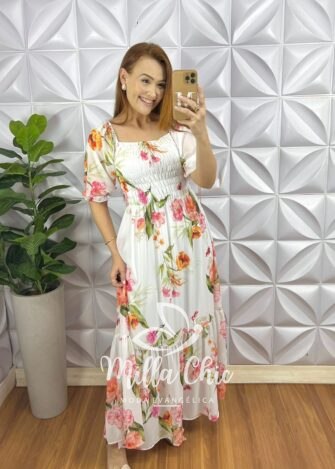 Vestido Chiffon Corpinho De Lastex Manga Princesa Longo Com Babado Na Barra Manu - Laranja e Rosa (Floral) - Milla Chic