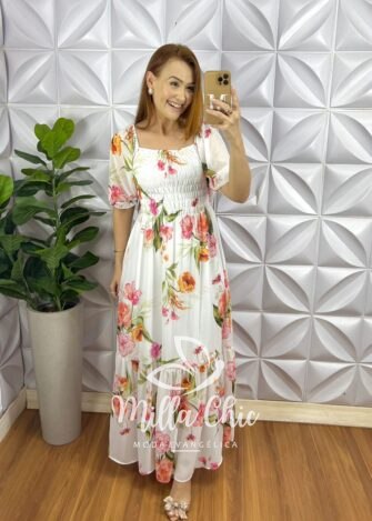 Vestido Chiffon Corpinho De Lastex Manga Princesa Longo Com Babado Na Barra Manu - Laranja e Rosa (Floral) - Milla Chic