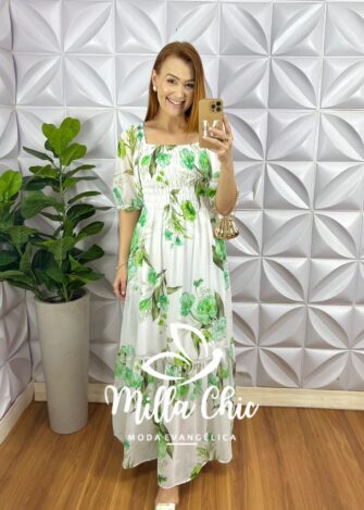 Vestido Chiffon Corpinho De Lastex Manga Princesa Longo Com Babado Na Barra Manu - Branco e Verde (Floral) - Milla Chic