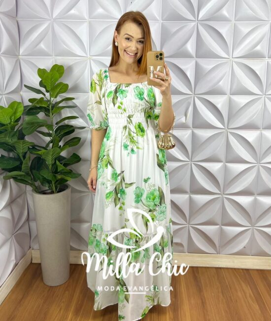 Vestido Chiffon Corpinho De Lastex Manga Princesa Longo Com Babado Na Barra Manu - Branco e Verde (Floral) - Milla Chic