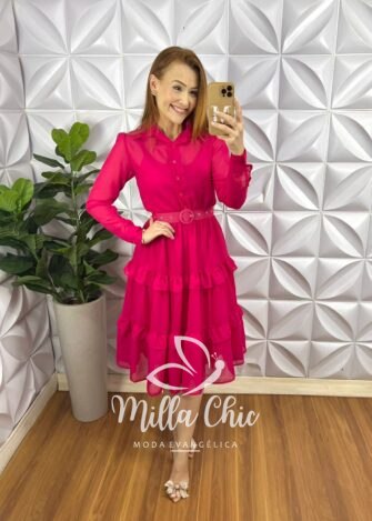 Vestido Chiffon Gola Polo Cinto Encapado Mídi Três Marias Forro Avulso Paola - Pink - Milla Chic