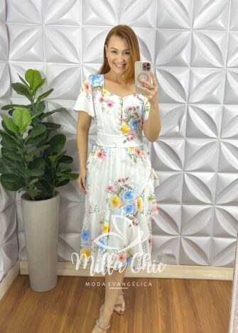 Vestido Chiffon Mídi Com Botões Madre Perola Estampado Catherine - Branco Com Azul - Milla Chic