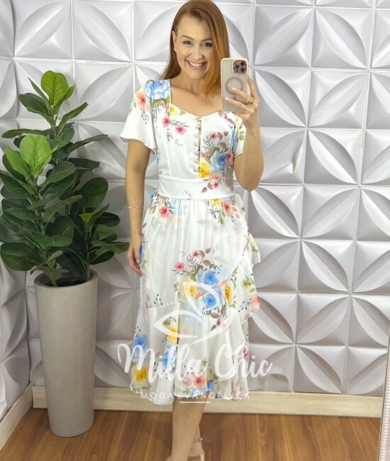 Vestido Chiffon Mídi Com Botões Madre Perola Estampado Catherine - Branco Com Azul - Milla Chic