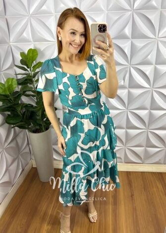 Vestido Chiffon Mídi Com Botões Madre Perola Estampado Catherine - Verde - Milla Chic