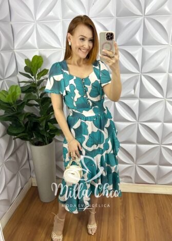Vestido Chiffon Mídi Com Botões Madre Perola Estampado Catherine - Verde - Milla Chic