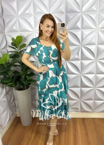 Vestido Chiffon Mídi Com Botões Madre Perola Estampado Catherine - Verde - Milla Chic