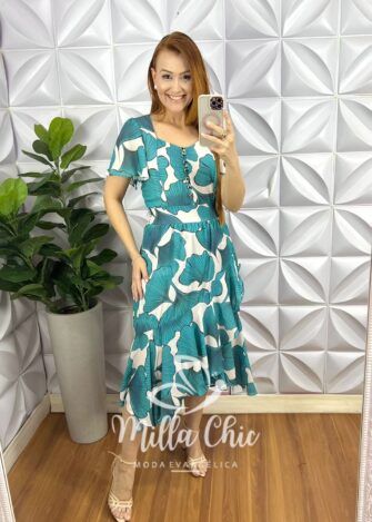 Vestido Chiffon Mídi Com Botões Madre Perola Estampado Catherine - Verde - Milla Chic