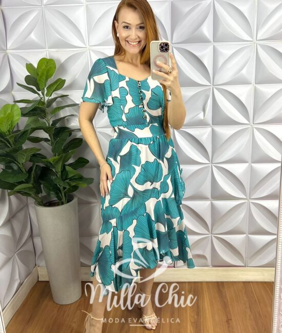 Vestido Chiffon Mídi Com Botões Madre Perola Estampado Catherine - Verde - Milla Chic