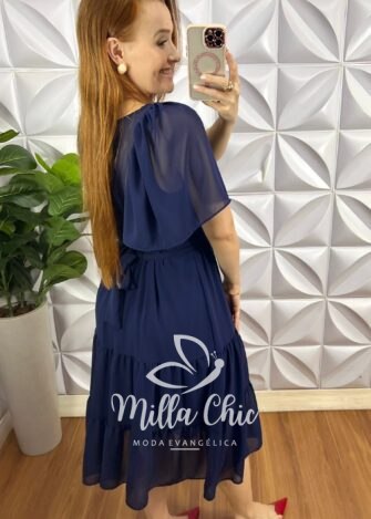 Milla Chic - millachic com br vestido chiffon midi com manga raglan 1 Vestido Chiffon Mídi Com Manga Raglan Liz - Azul Marinho - Milla Chic