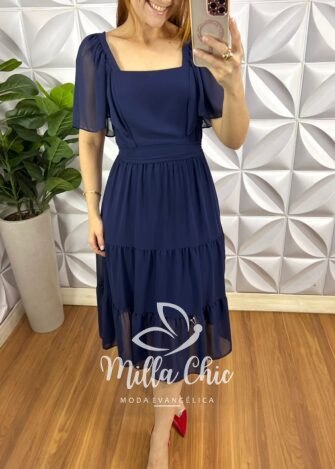 Milla Chic - millachic com br vestido chiffon midi com manga raglan 2 Vestido Chiffon Mídi Com Manga Raglan Liz - Azul Marinho - Milla Chic