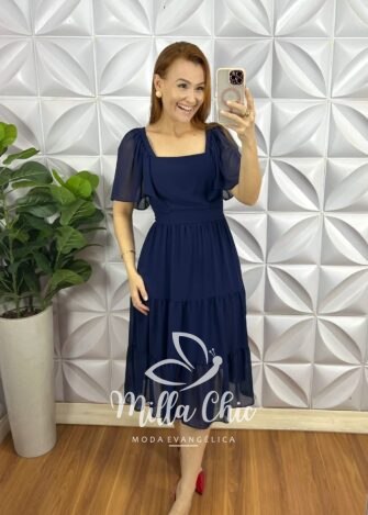 Vestido Chiffon Mídi Com Manga Raglan Liz - Azul Marinho - Milla Chic
