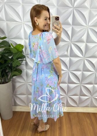 Vestido Chiffon Mídi Com Manga Raglan Estampado Liz - Azul Claro - Milla Chic