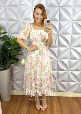 Milla Chic - millachic com br vestido chiffon midi com manga raglan estampado liz off Vestido Chiffon Mídi Com Manga Raglan Estampado Liz - Off - Milla Chic