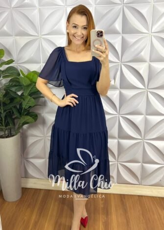 Vestido Chiffon Mídi Com Manga Raglan Liz - Azul Marinho - Milla Chic