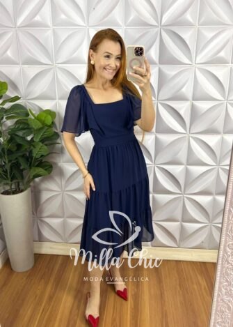 Milla Chic - millachic com br vestido chiffon midi com manga raglan liz azul marinho 2 Vestido Chiffon Mídi Com Manga Raglan Liz - Azul Marinho - Milla Chic