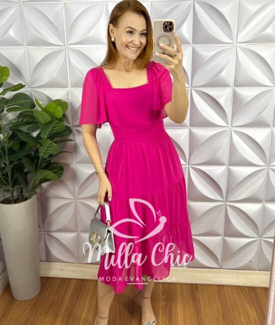 Vestido Chiffon Mídi Com Manga Raglan Liz - Pink - Milla Chic