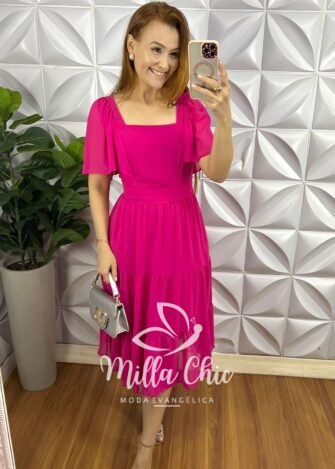 Milla Chic - millachic com br vestido chiffon midi com manga raglan liz pink Vestido Chiffon Mídi Com Manga Raglan Liz - Pink - Milla Chic